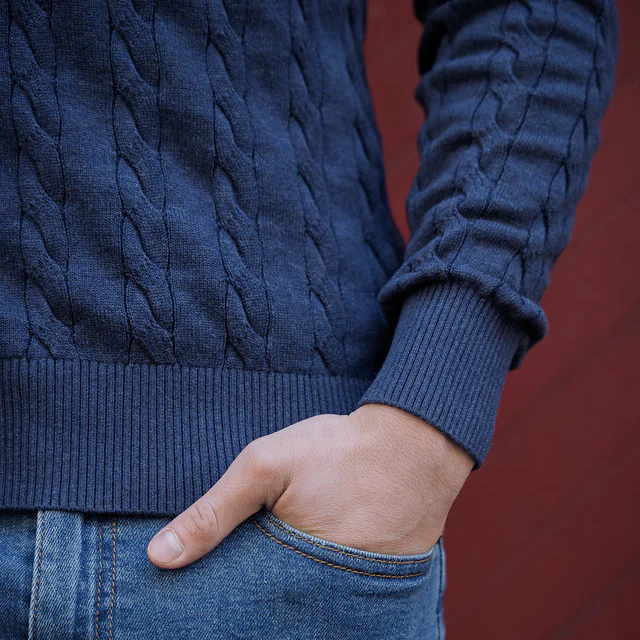 Cotton Cable Knit Sweater - Navy - Image 4