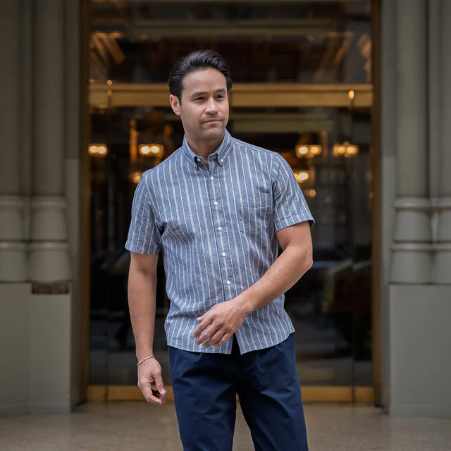 Linen Short Sleever - Navy Khaki Stripe - Image 3