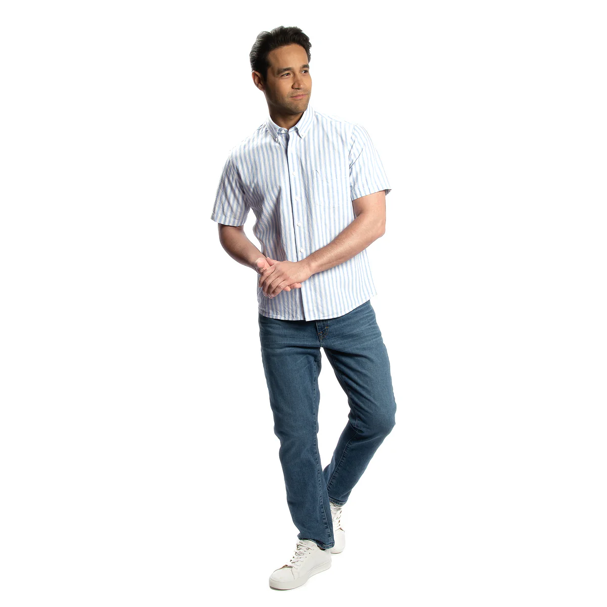 Linen Short Sleever - White Blue Stripe - Image 5