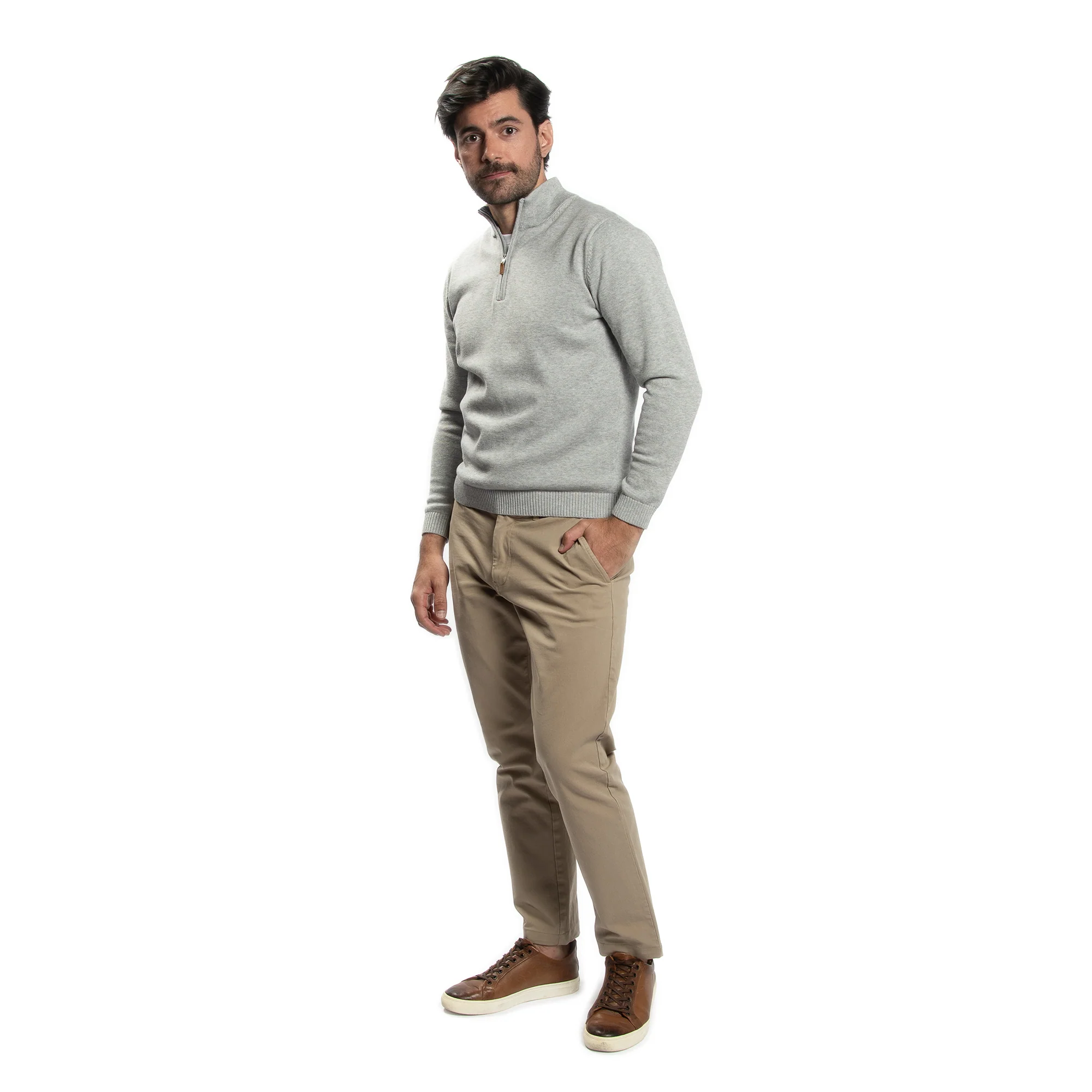 Pima Cotton Quarter Zip Sweaters - Light Grey - Image 3