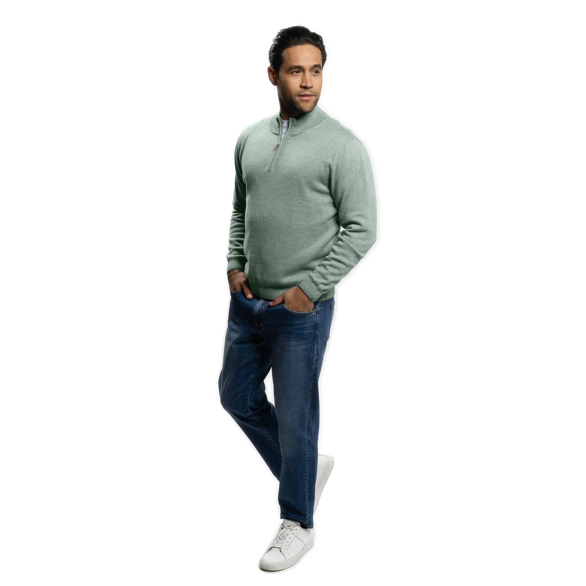 Pima Cotton Quarter Zip Sweaters - Sea Green - Image 4