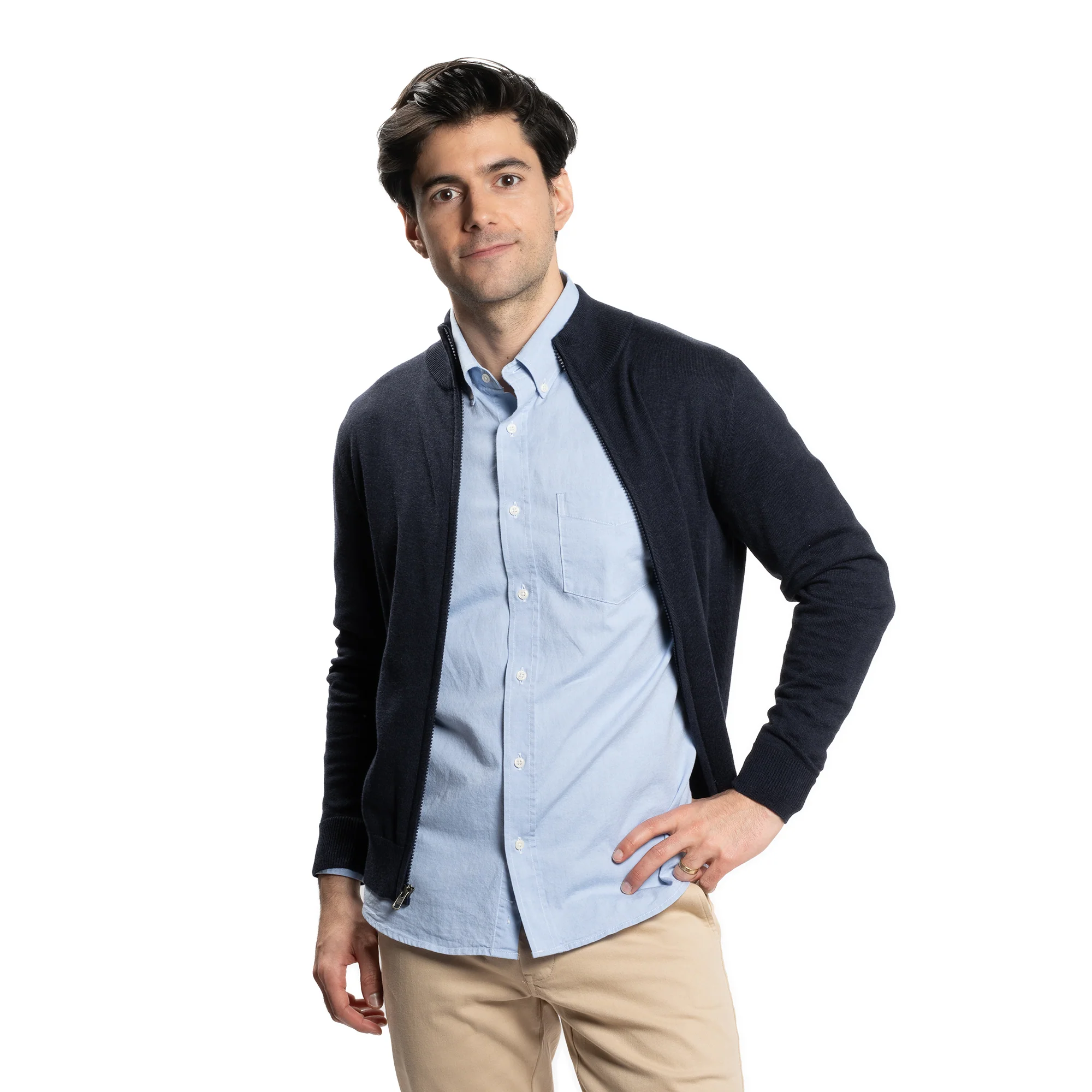Pima Cotton Zip Sweater - Navy - Image 3