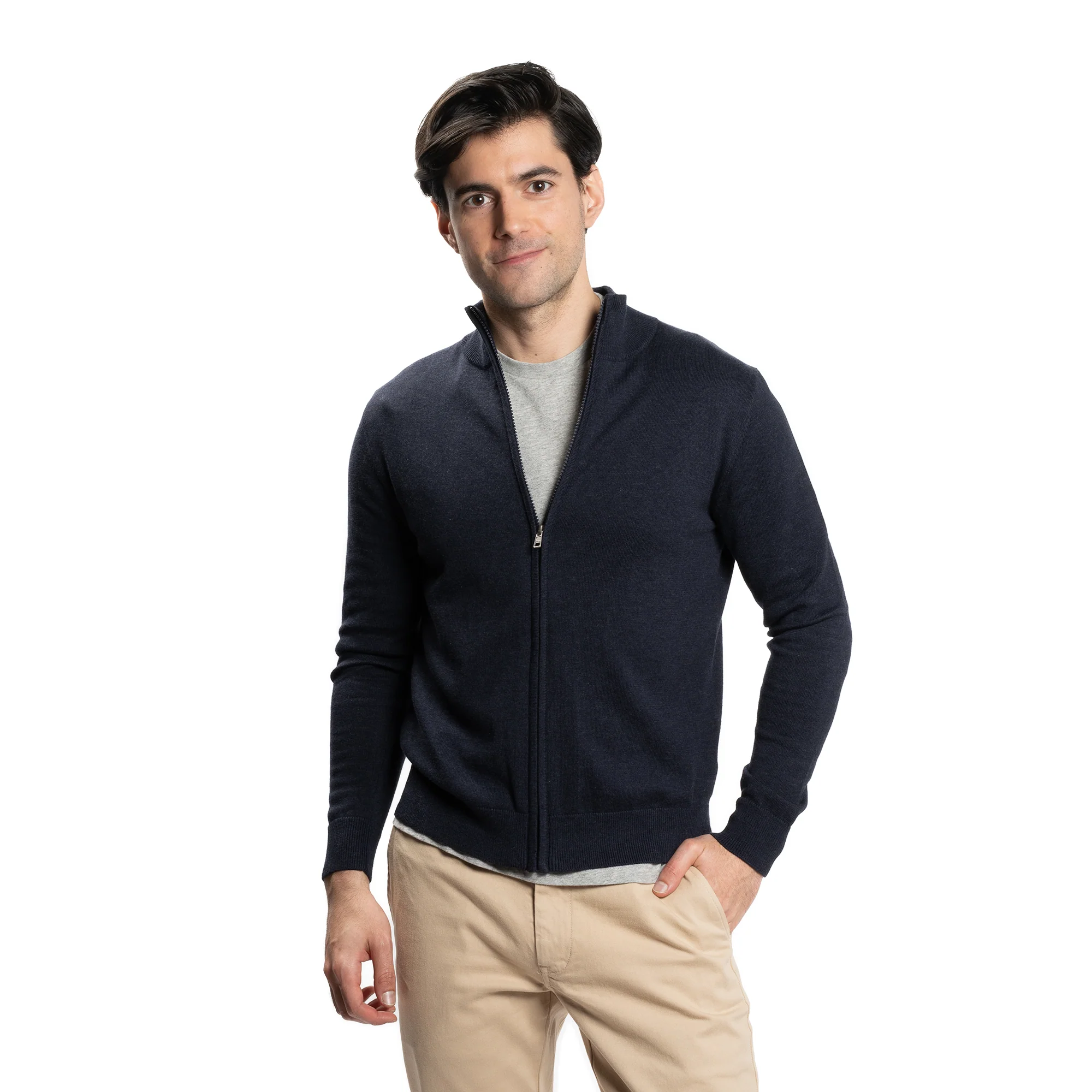 Pima Cotton Zip Sweater - Navy - Image 5